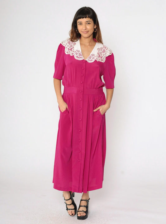 80s Fuchsia Pearl Beaded Lace Collar Button-Up Dress Puff Sleeve Ankle Length Medium