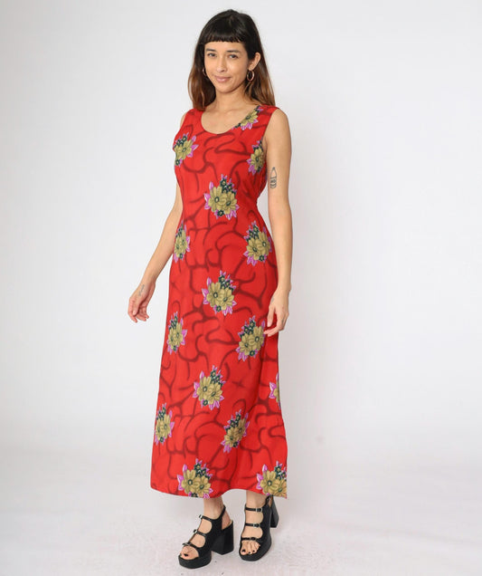 90s Red Floral Maxi Dress Sleeveless Scoop Neck Small S
