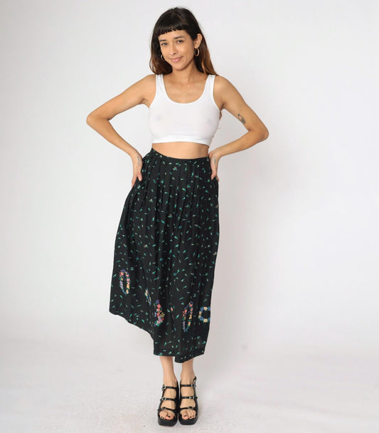 90s The Eagle's Eye Floral Midi Skirt Black Botanical Rayon Small