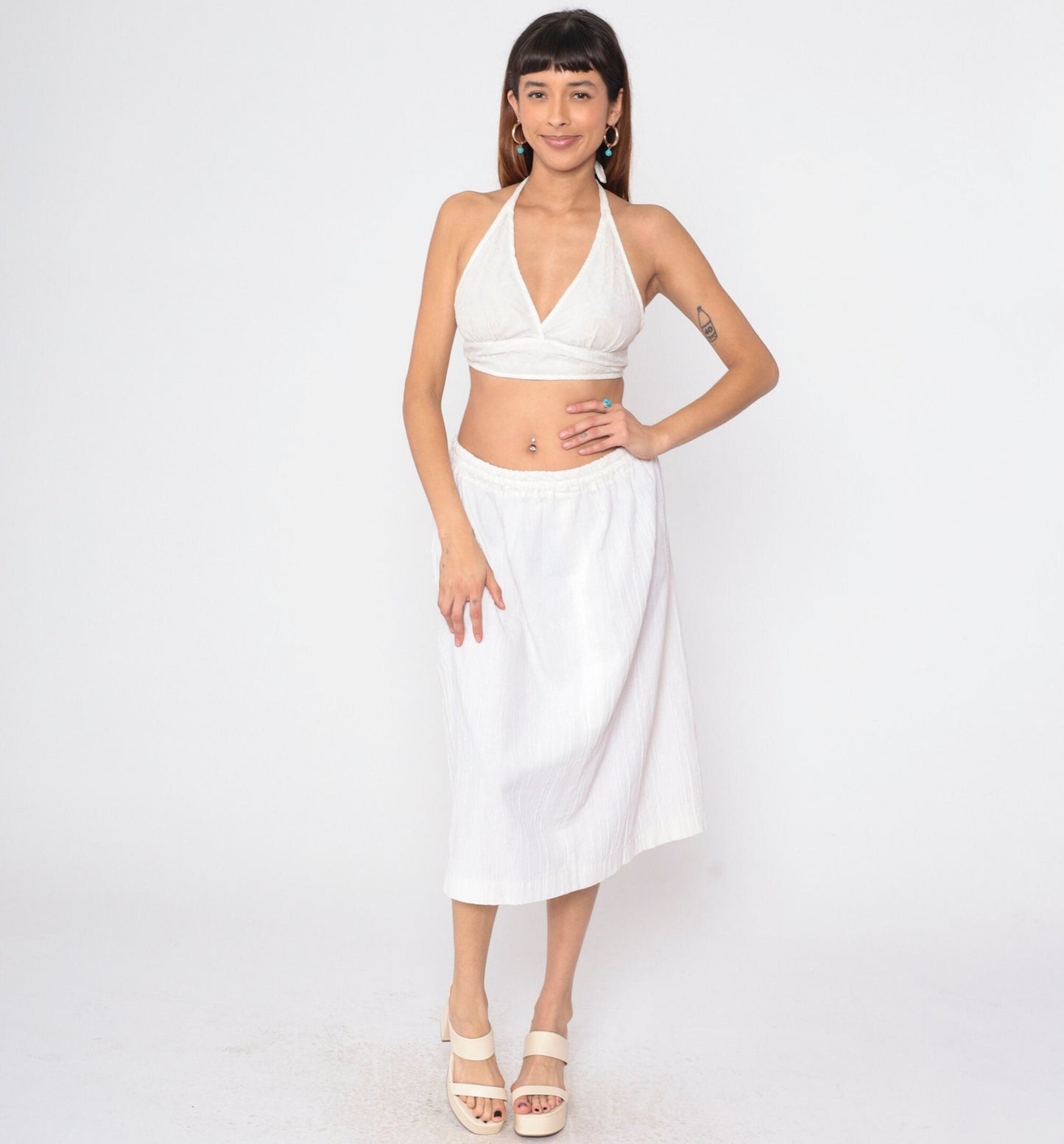 90s White Gauze Midi Skirt High Elastic Waist Crinkled Medium Large
