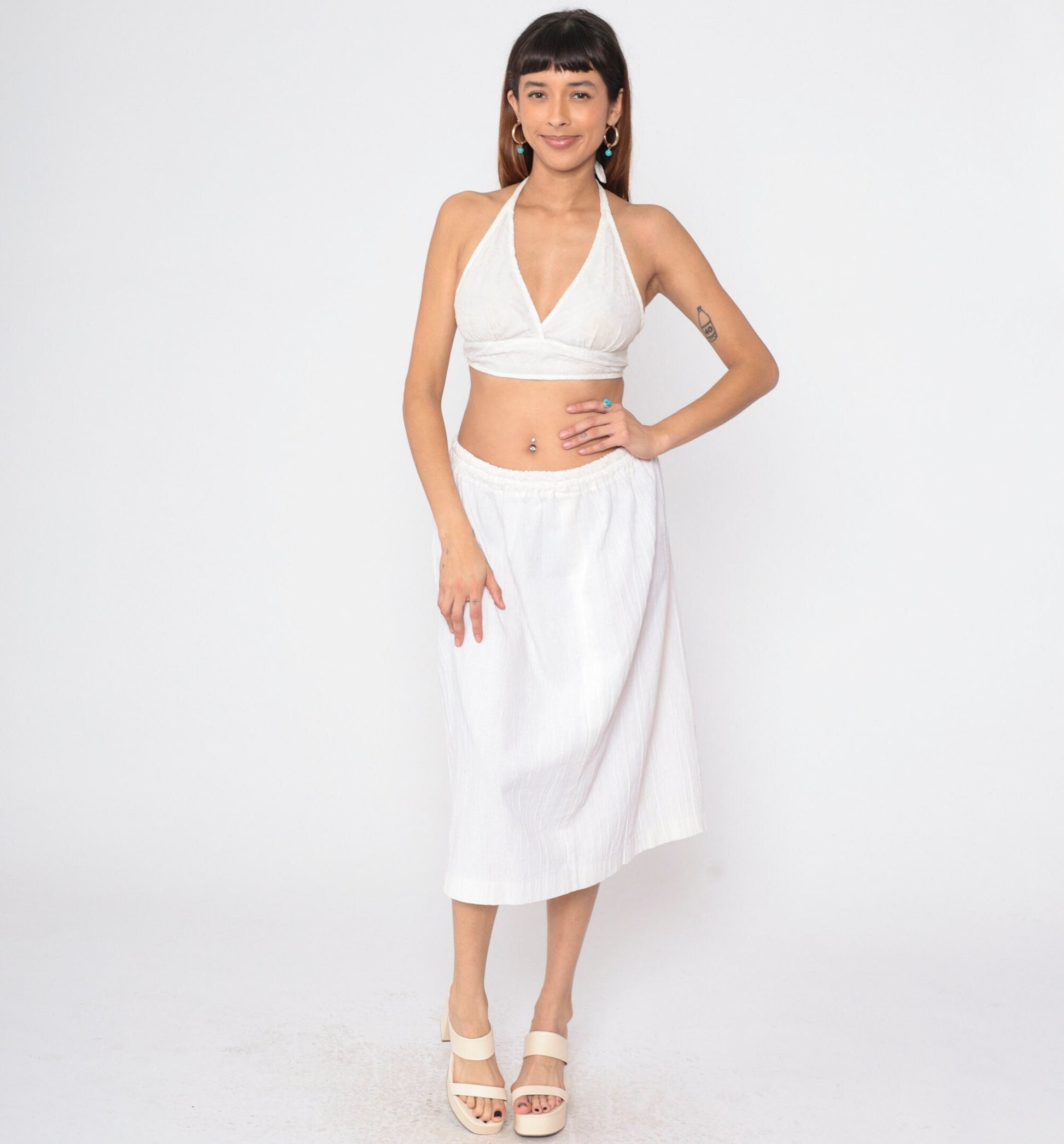 90s White Gauze Midi Skirt High Elastic Waist Crinkled Medium Large