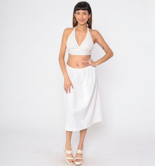 90s White Gauze Midi Skirt High Elastic Waist Crinkled Medium Large