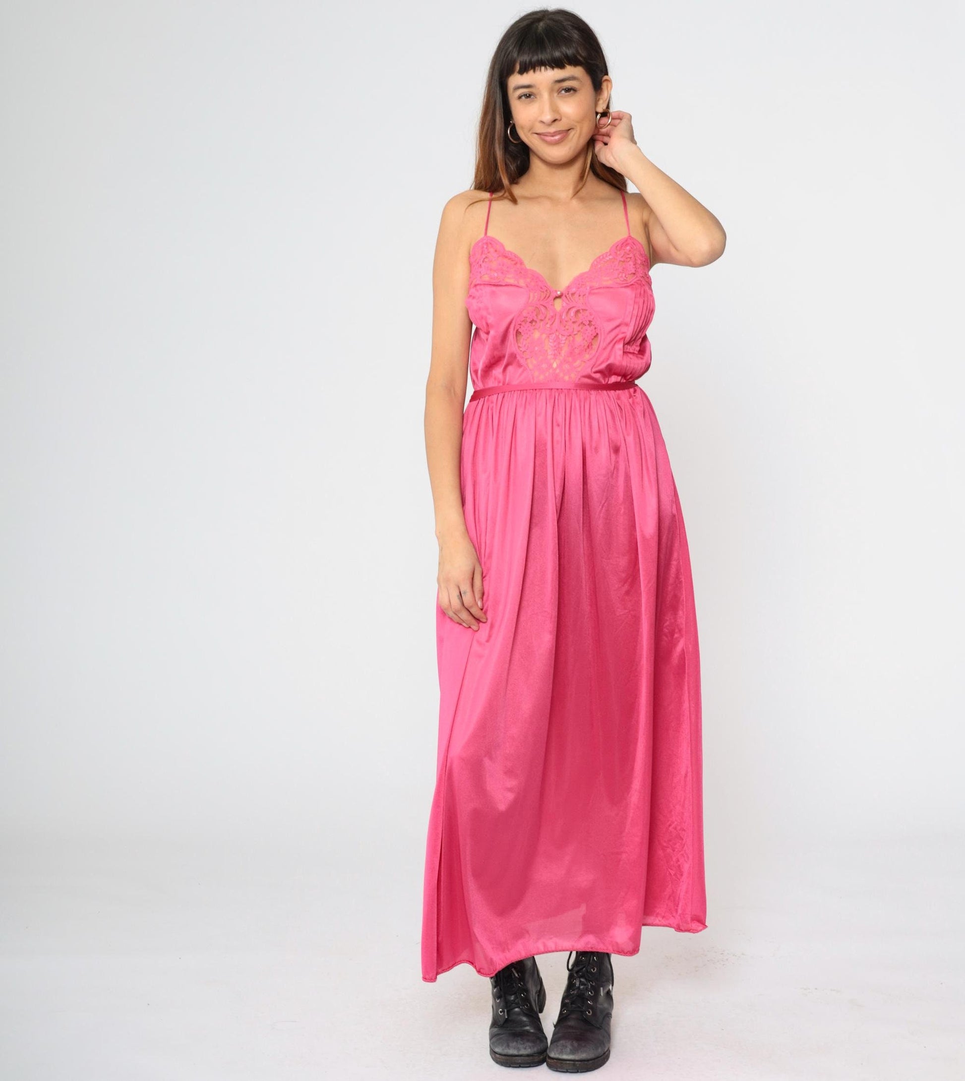70s Lily of France Deep Pink Lace Maxi Slip Nightgown Spaghetti Strap Small S