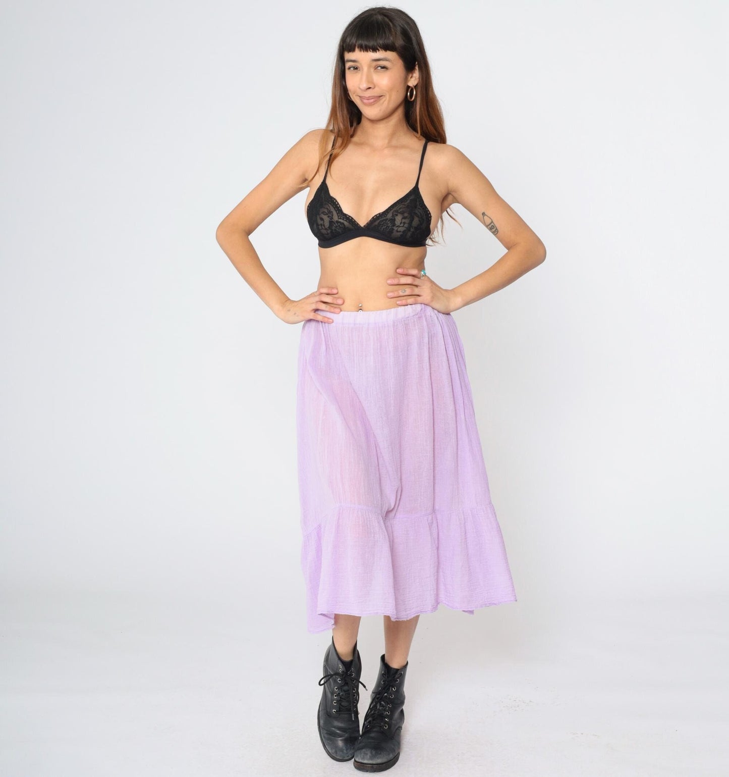 70s Lavender Gauze Peasant Skirt High Waist Flounce Midi Cotton Medium
