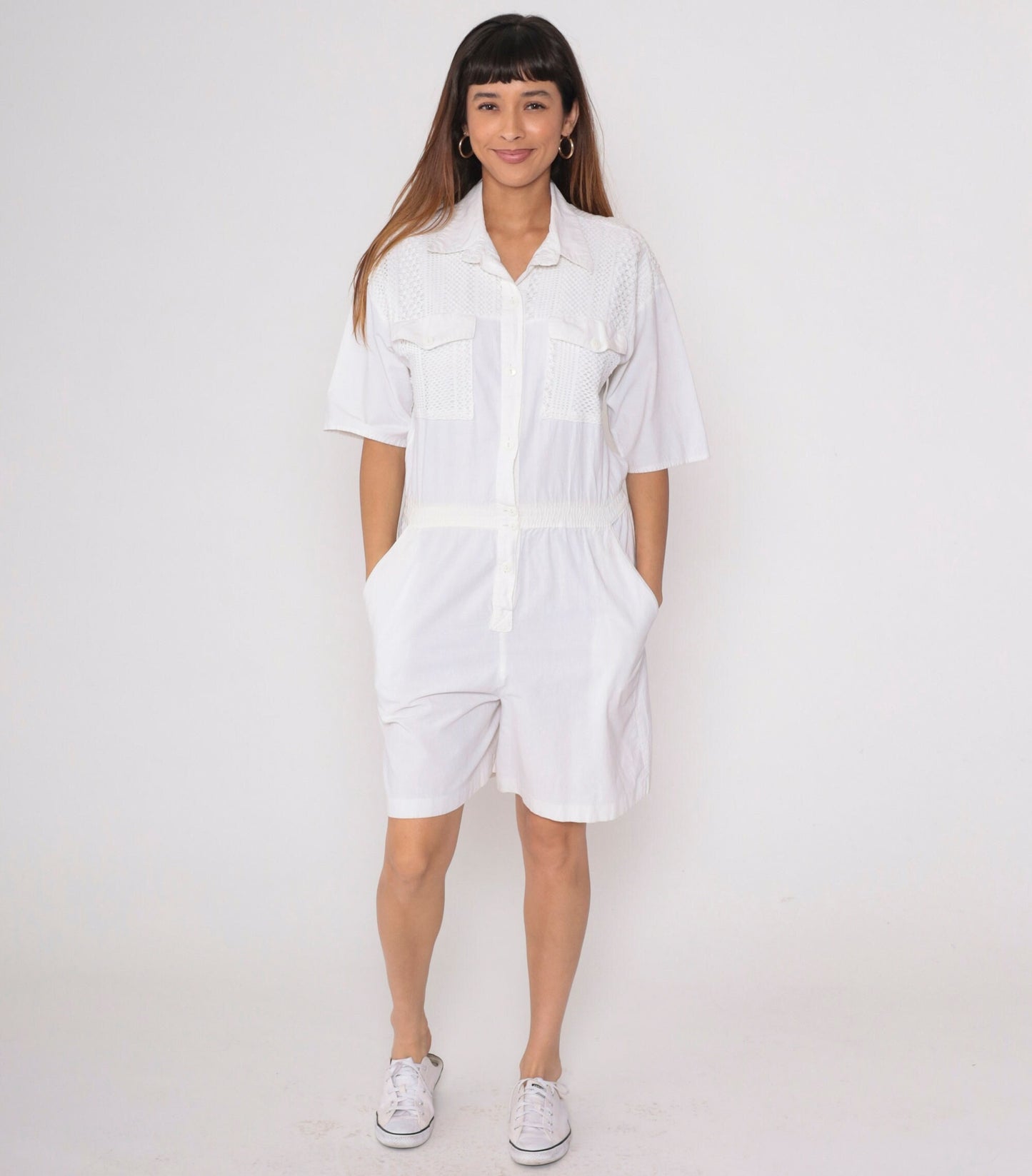 80s White Cotton Mesh Romper Button-Up Playsuit Short Sleeve Medium