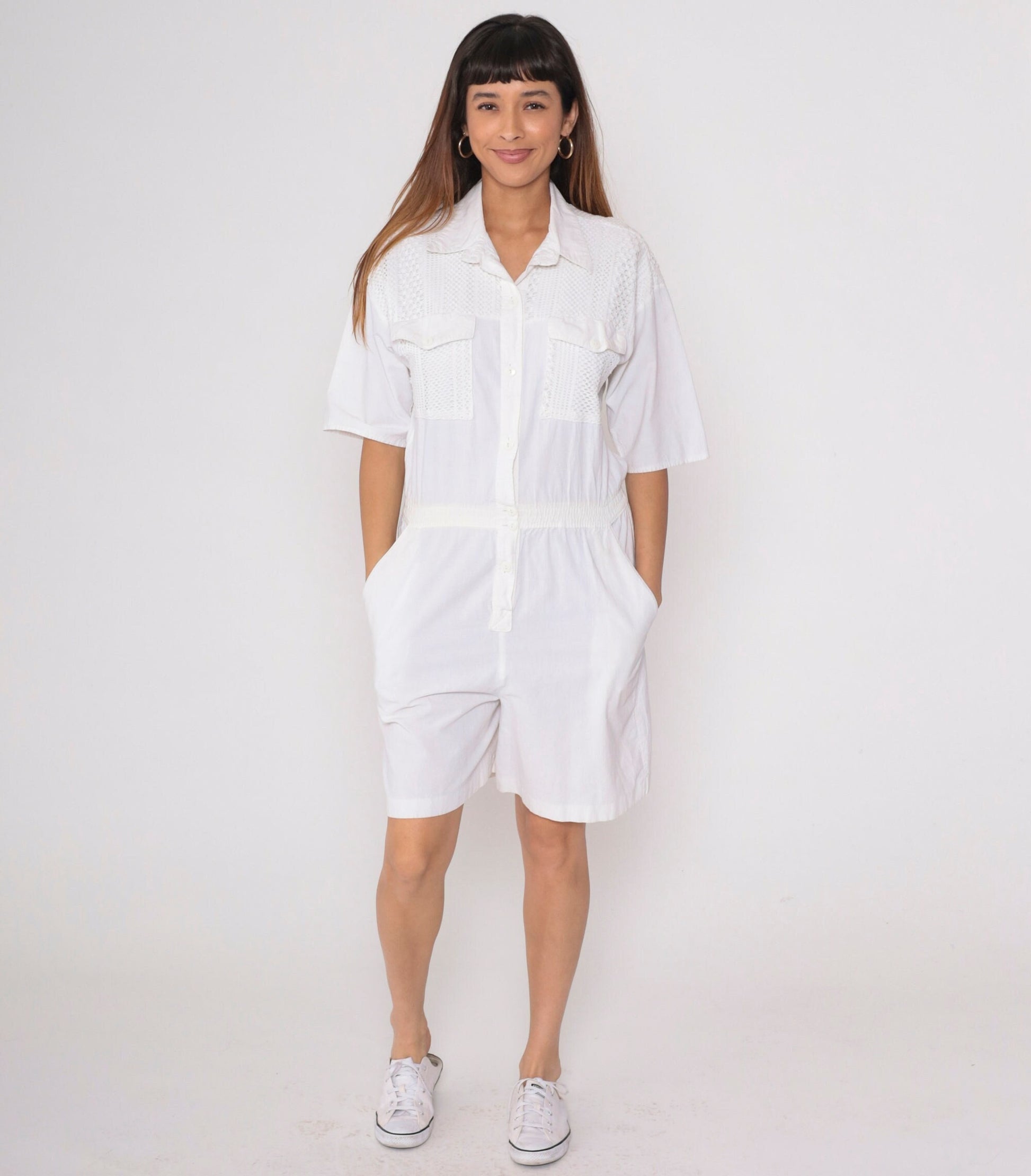 80s White Cotton Mesh Romper Button-Up Playsuit Short Sleeve Medium
