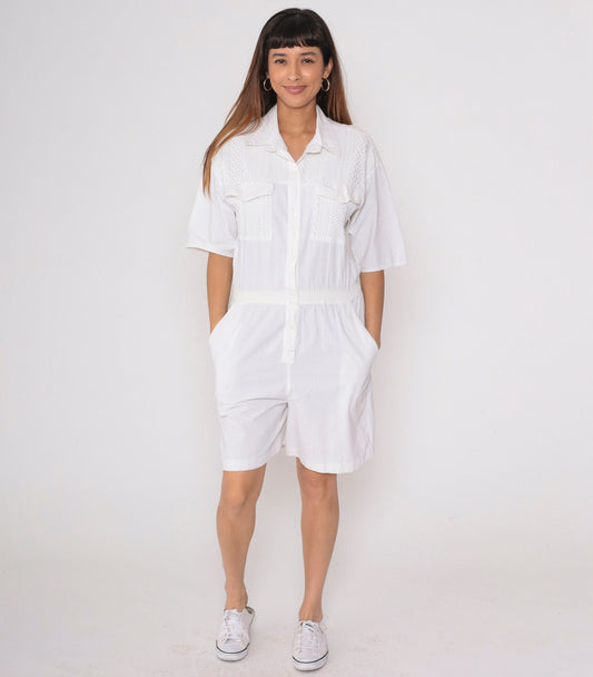 80s White Cotton Mesh Romper Button-Up Playsuit Short Sleeve Medium