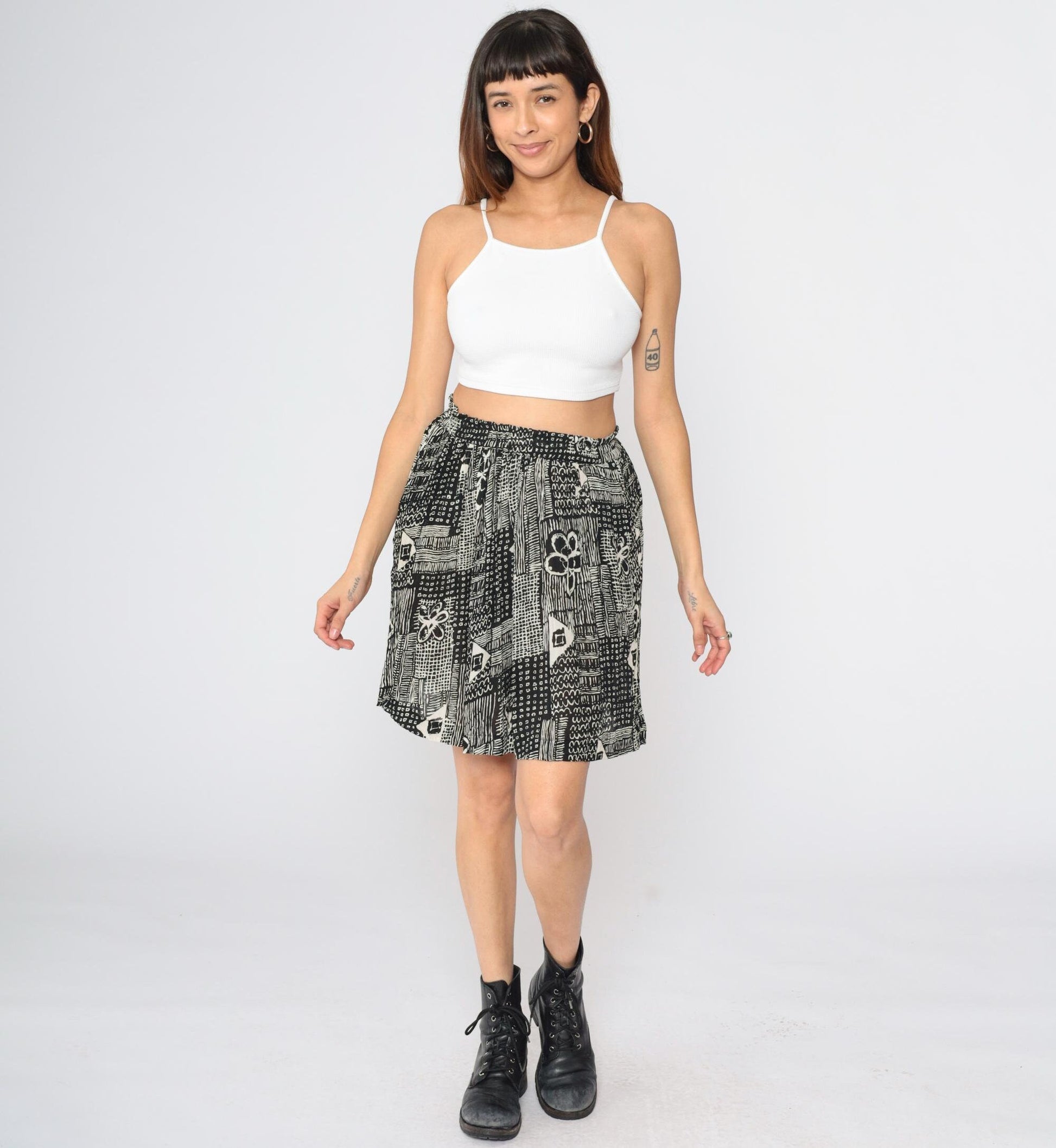 90s Cotton Express Floral Mini Skirt Black White Geometric Print Small