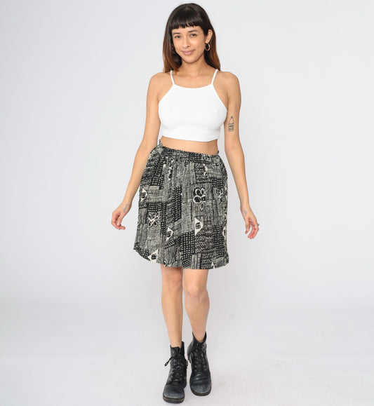 90s Cotton Express Floral Mini Skirt Black White Geometric Print Small