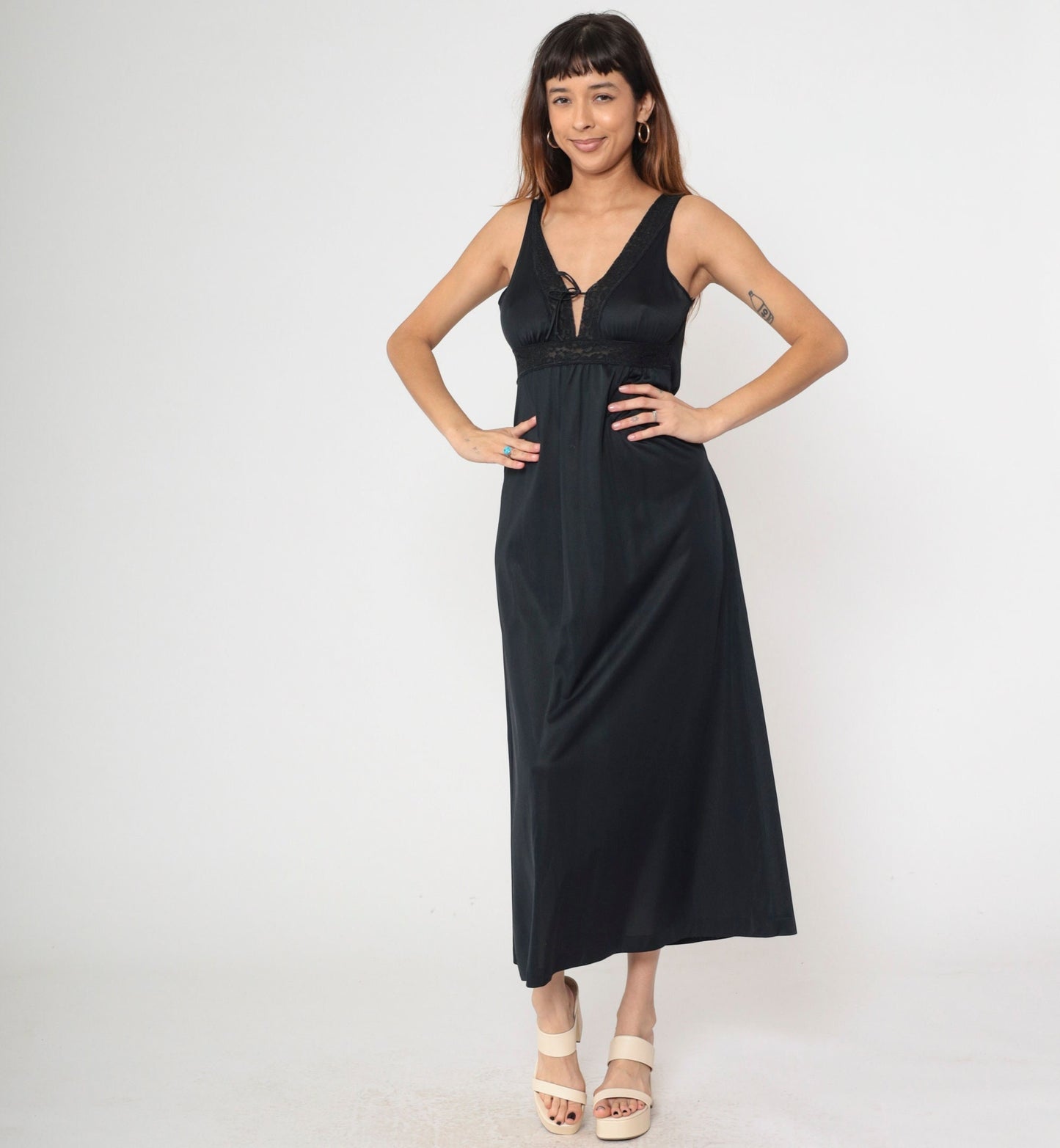 70s Black Nylon Maxi Slip Dress Empire Waist V Neck Lace Trim Medium