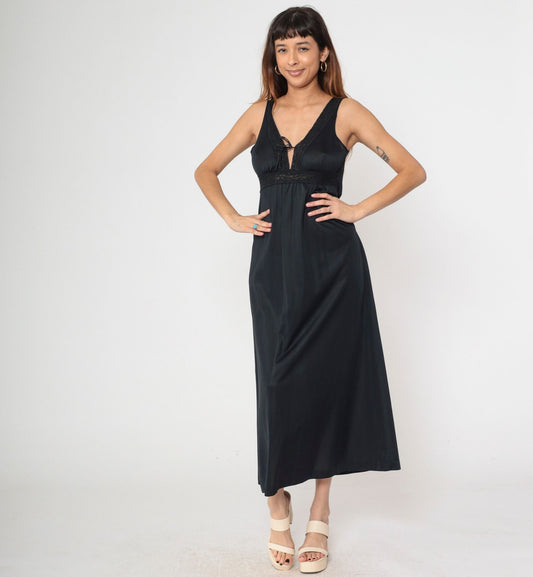 70s Black Nylon Maxi Slip Dress Empire Waist V Neck Lace Trim Medium