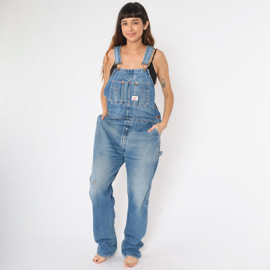 90s Round House Denim Overalls Distressed Blue Workwear Unisex Small