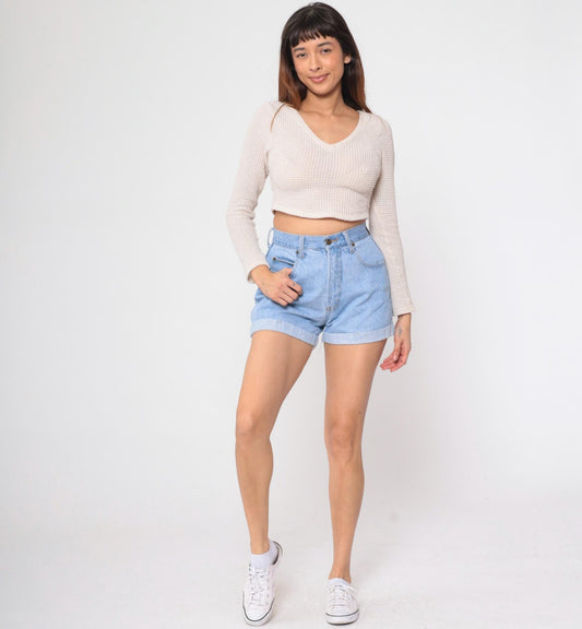 90s Parkers Light Wash Denim Shorts Cuffed High Waisted Blue Small