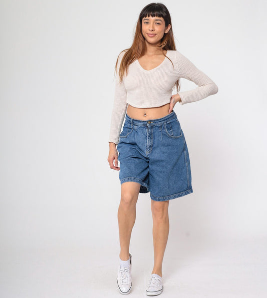 90s Claus Sports High Waisted Pleated Denim Shorts Blue Large