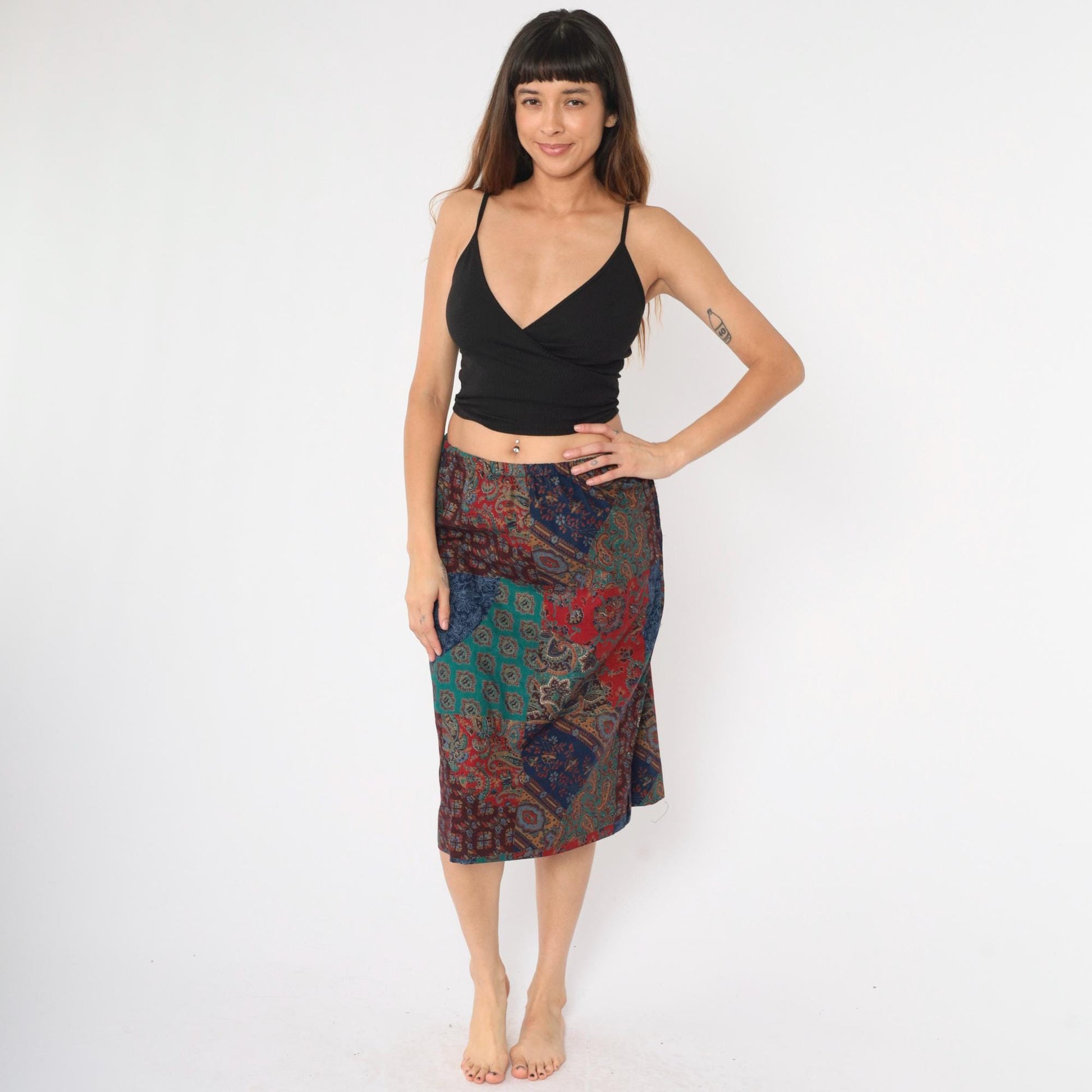 90s Patchwork Paisley Floral Midi Skirt Elastic Waist Medium