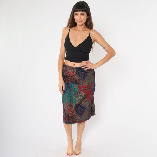 90s Patchwork Paisley Floral Midi Skirt Elastic Waist Medium