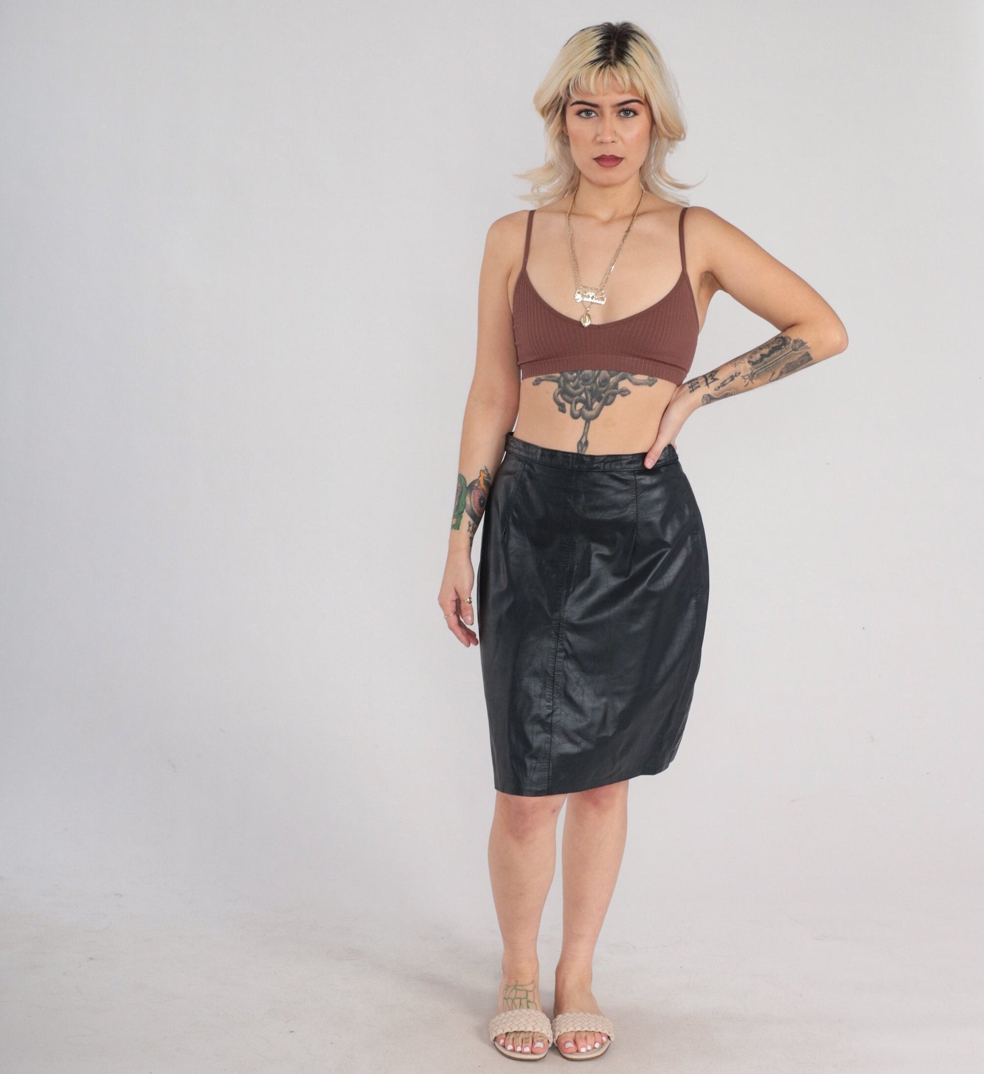 90s Black Leather Mini Pencil Skirt High Rise Small S
