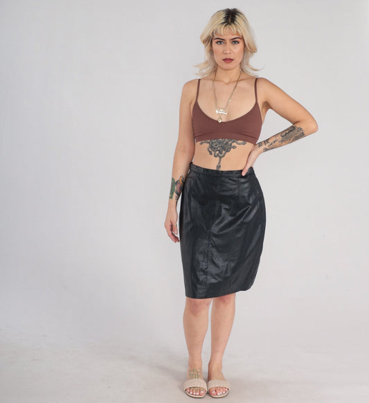 90s Black Leather Mini Pencil Skirt High Rise Small S