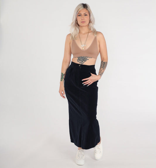 90s Black Velvet Maxi Pencil Skirt High Waist Rear Slit Small 4