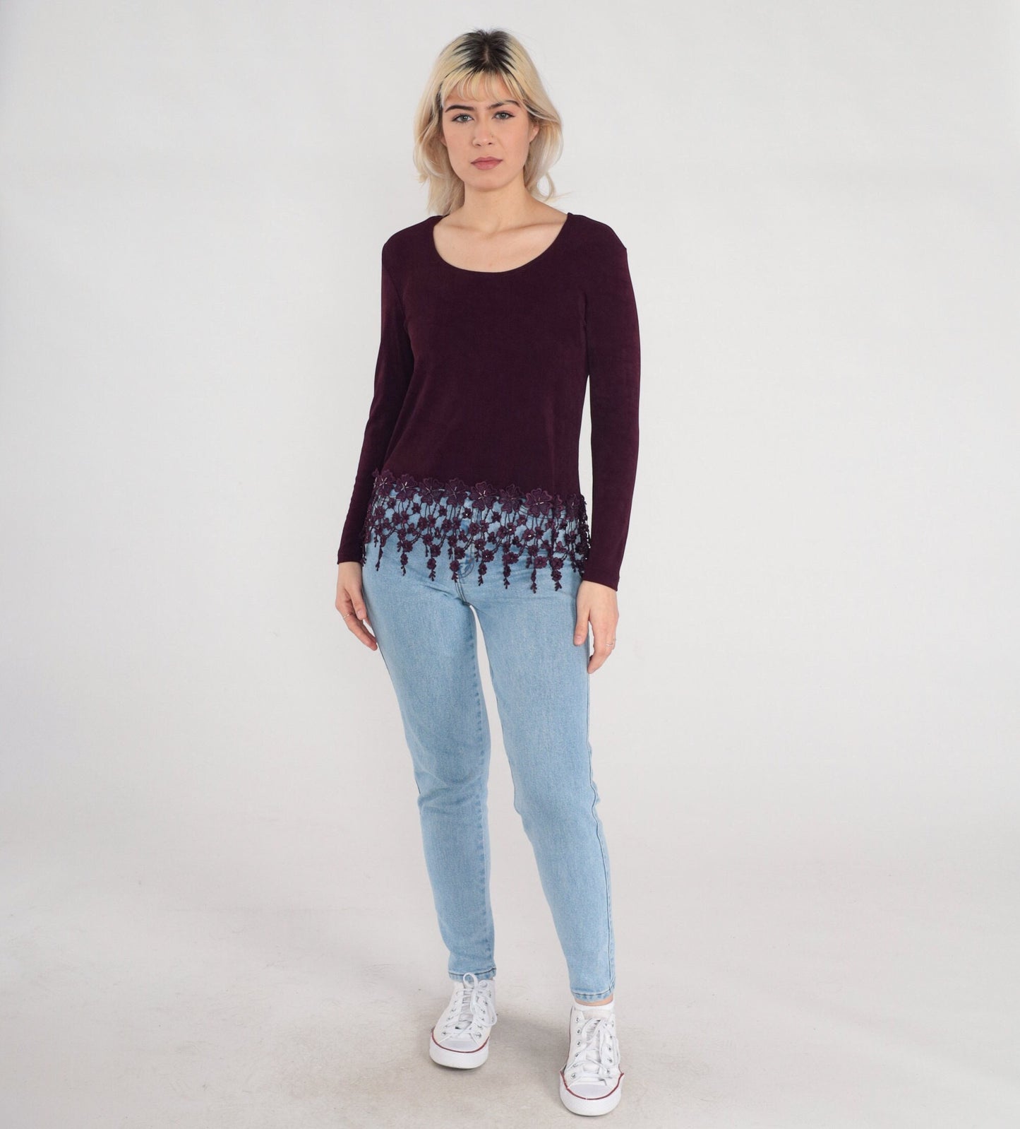 90s Rabbit Rabbit Rabbit Dark Maroon Blouse Crochet Floral Trim Scoop Neck Small