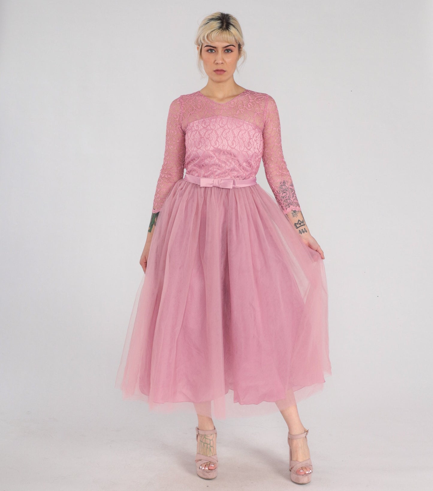 1960s Pink Lace Tulle Midi Dress High Waist Illusion Neckline XXS