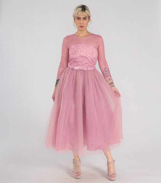 1960s Pink Lace Tulle Midi Dress High Waist Illusion Neckline XXS