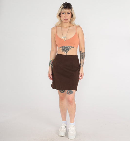 70s Brown Wool Pencil Skirt High Waist Rear Zip Small