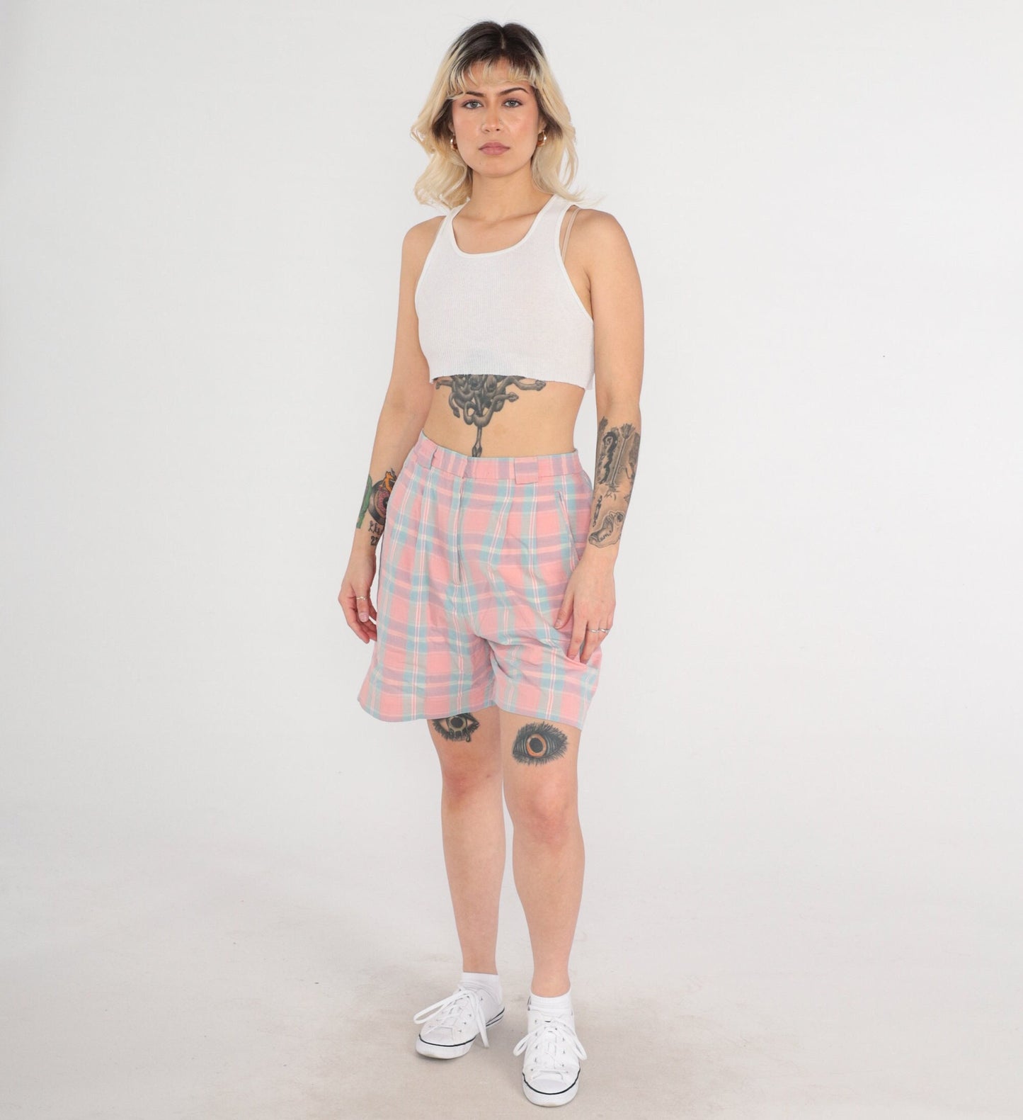90s Izod Club Pink Plaid Pleated High-Waist Shorts Medium