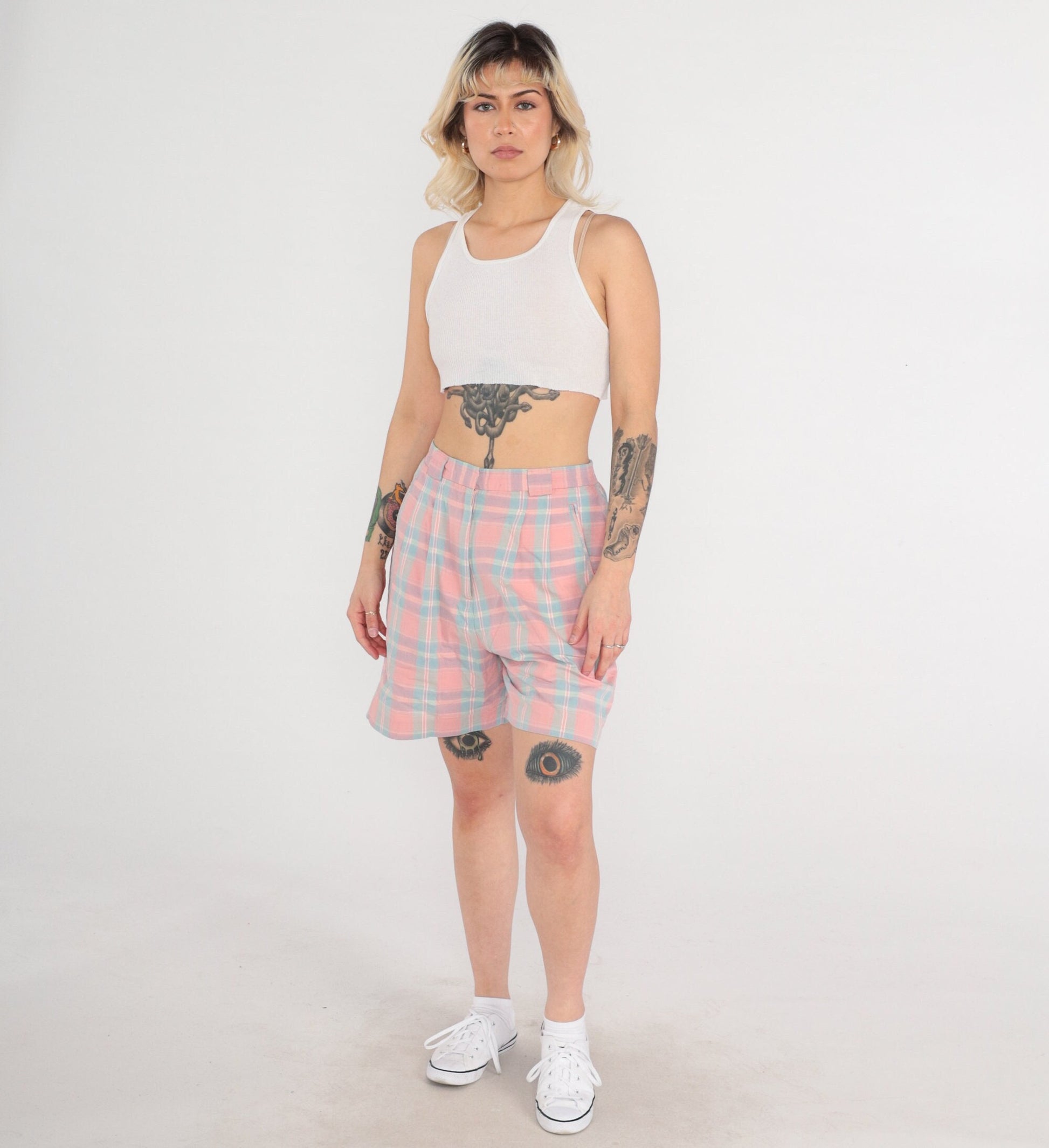 90s Izod Club Pink Plaid Pleated High-Waist Shorts Medium