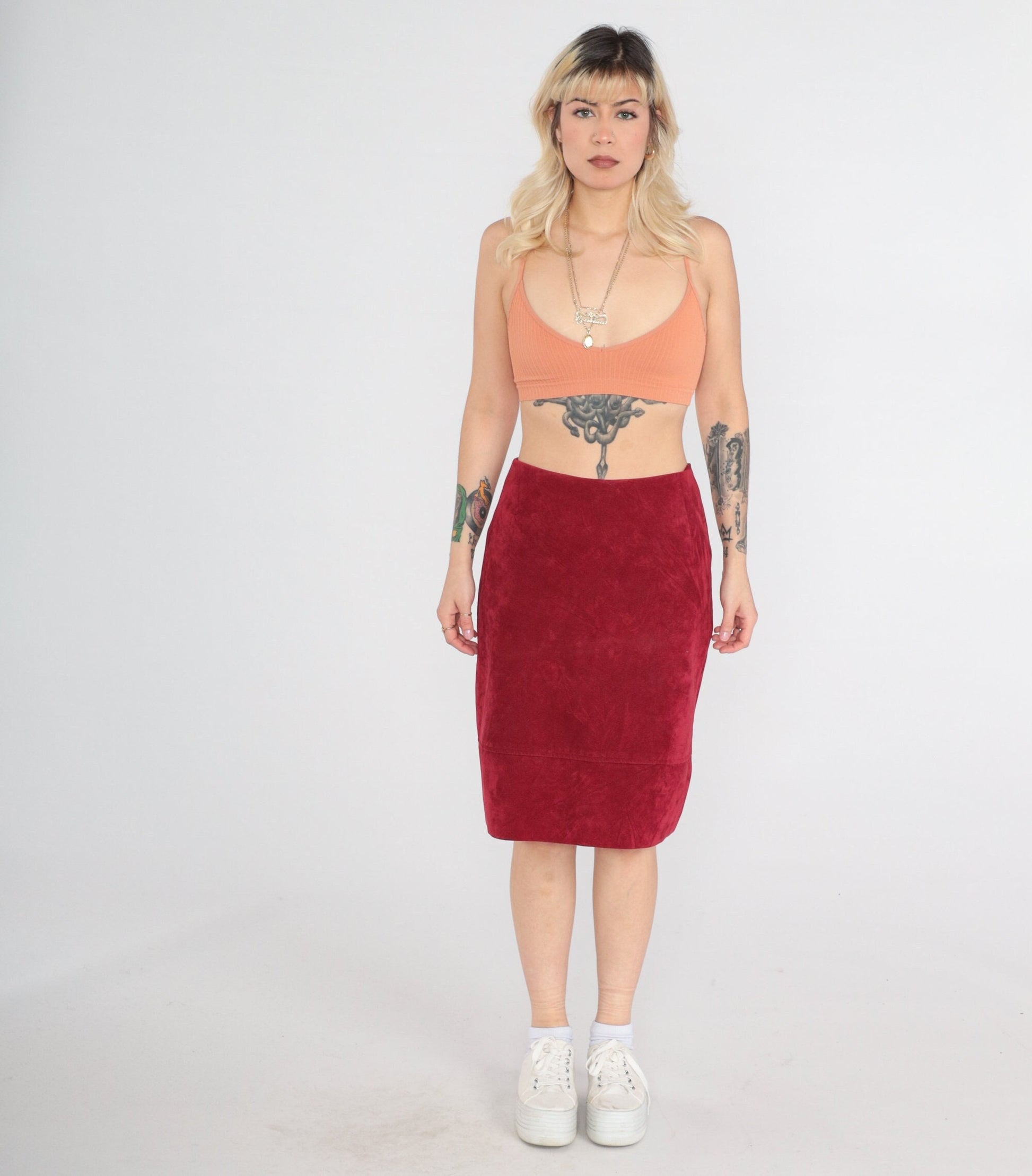 90s Papaya Red Faux Suede Pencil Skirt High Waist Midi Small