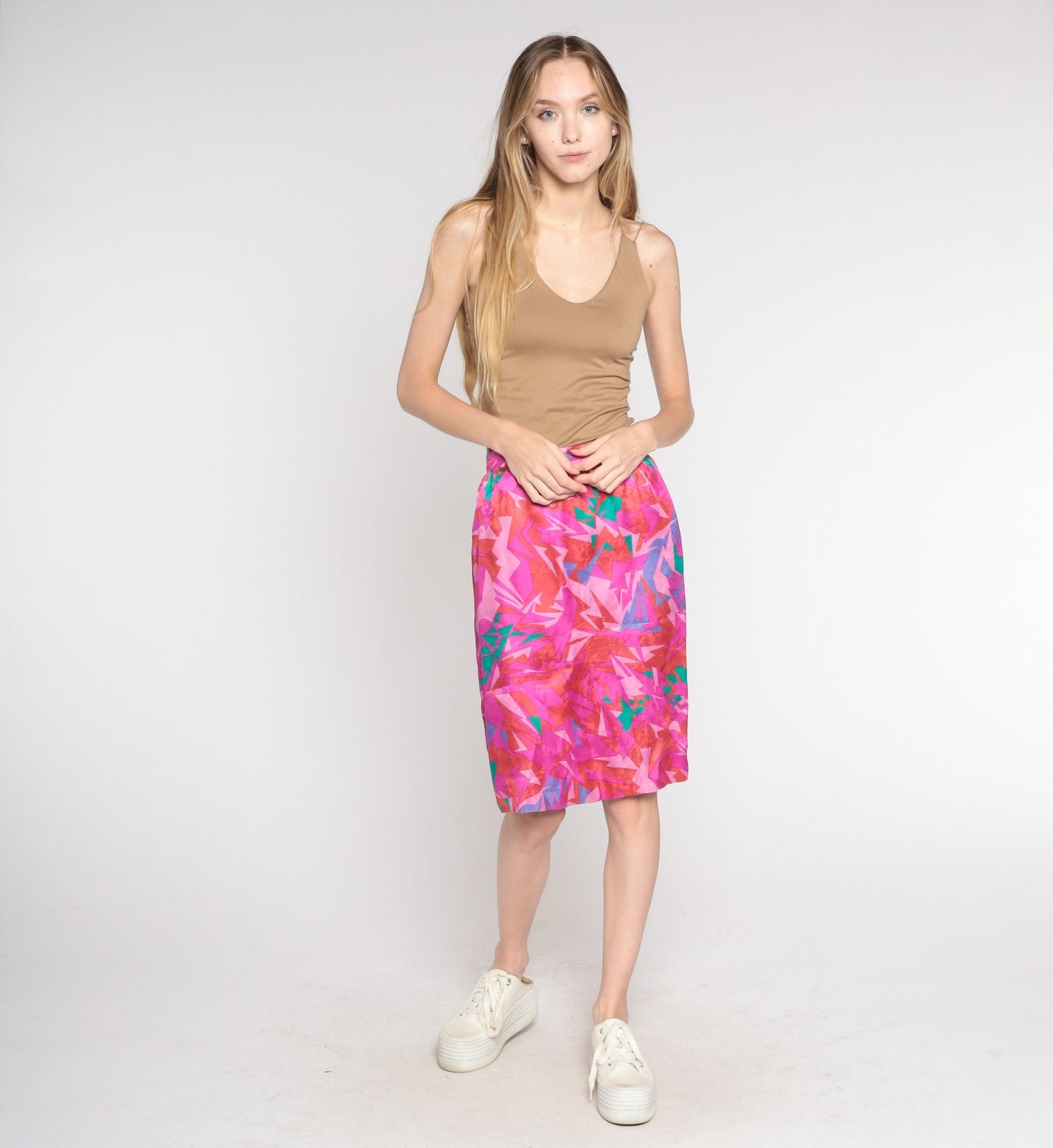 80s Pink Abstract Geometric Pencil Skirt High Waisted Mini Extra Small