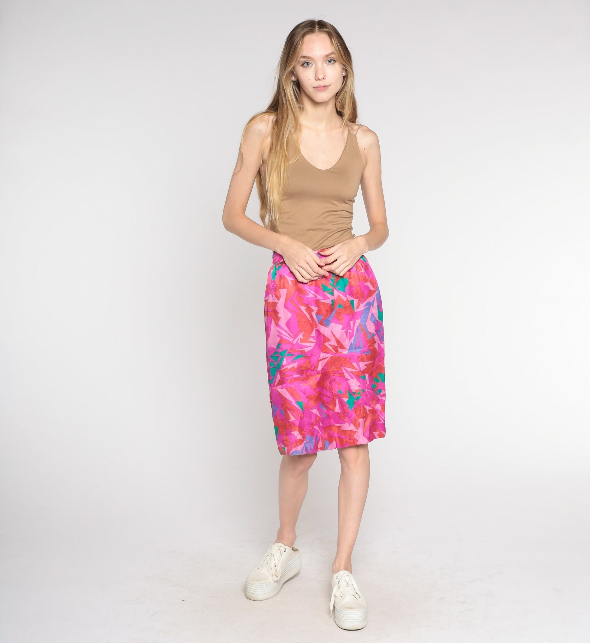 80s Pink Abstract Geometric Pencil Skirt High Waisted Mini Extra Small