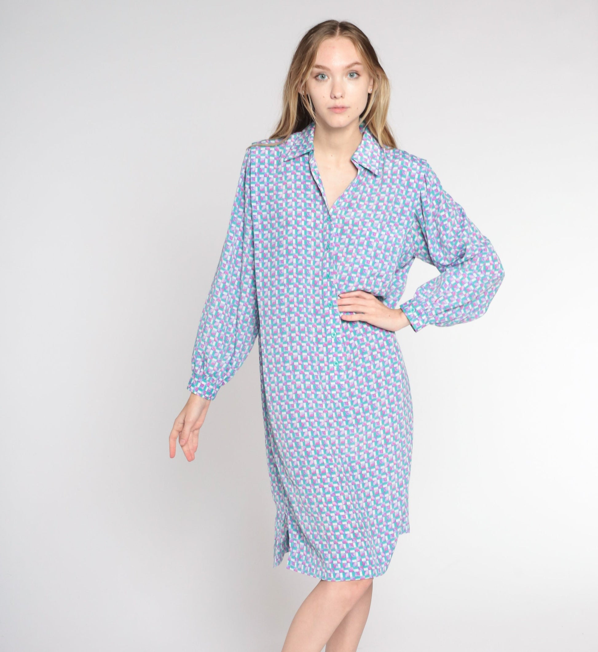 90s Checkered Button-Up Shirtdress Green Pink Knee Length Large