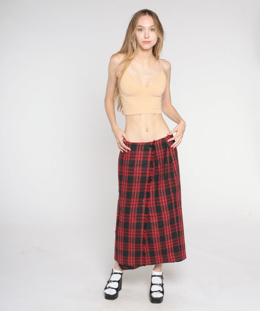 80s Wool Plaid Midi Skirt Red Black Tartan Faux Wrap Button Front Medium