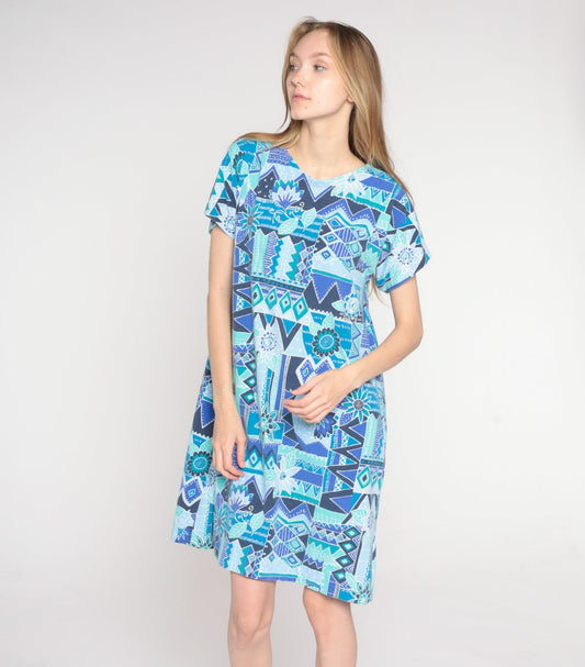 90s Blue Geometric Floral Mini Dress Short Sleeve Shift Dress Large