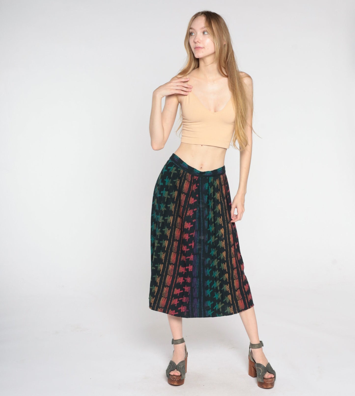90s Black Abstract Brushstroke Midi Skirt Rainbow Print High Waist Small