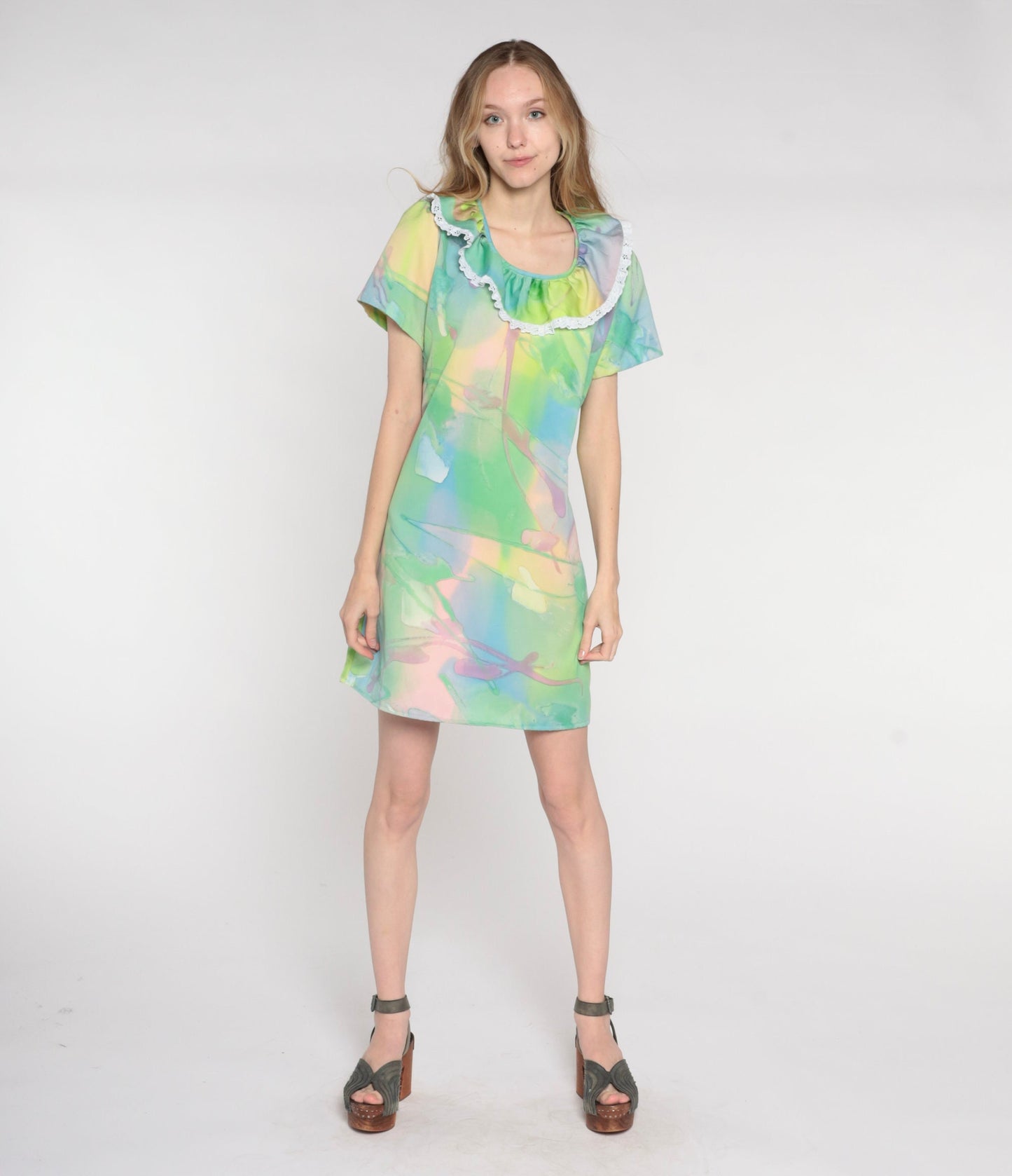 70s Psychedelic Watercolor Mini Dress Shift Ruffled Neckline Small