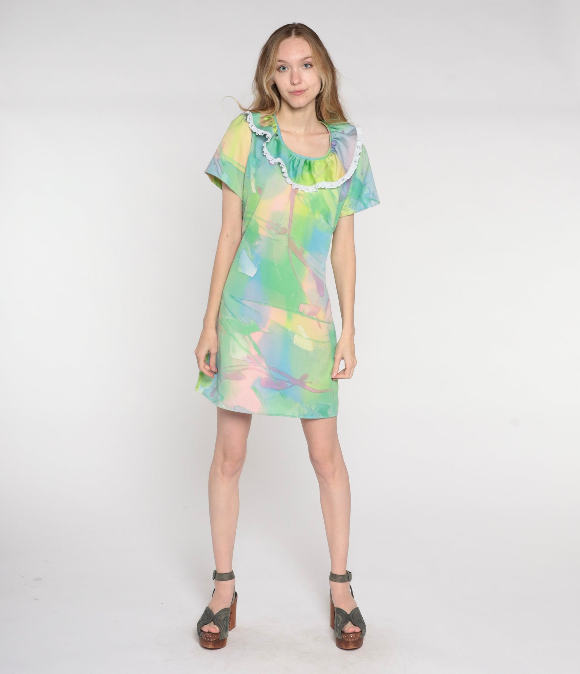 70s Psychedelic Watercolor Mini Dress Shift Ruffled Neckline Small