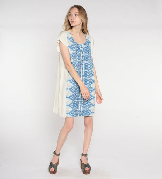 90s Geometric Embroidered Aztec Mini Shift Dress White Blue Cap Sleeve Medium