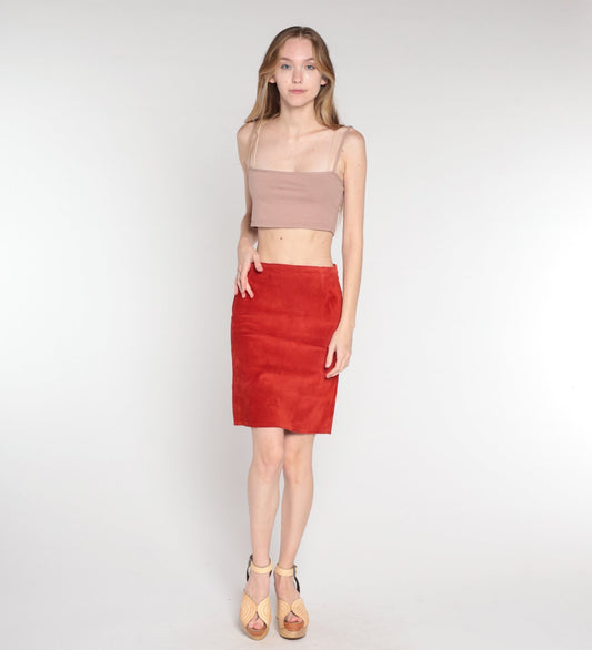 90s Rust Orange Suede Mini Skirt High Waist Pencil Cut Extra Small