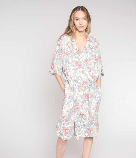 80s Floral Romper High Waisted Knee Length Wide Leg Collared Jumpsuit Extra Large