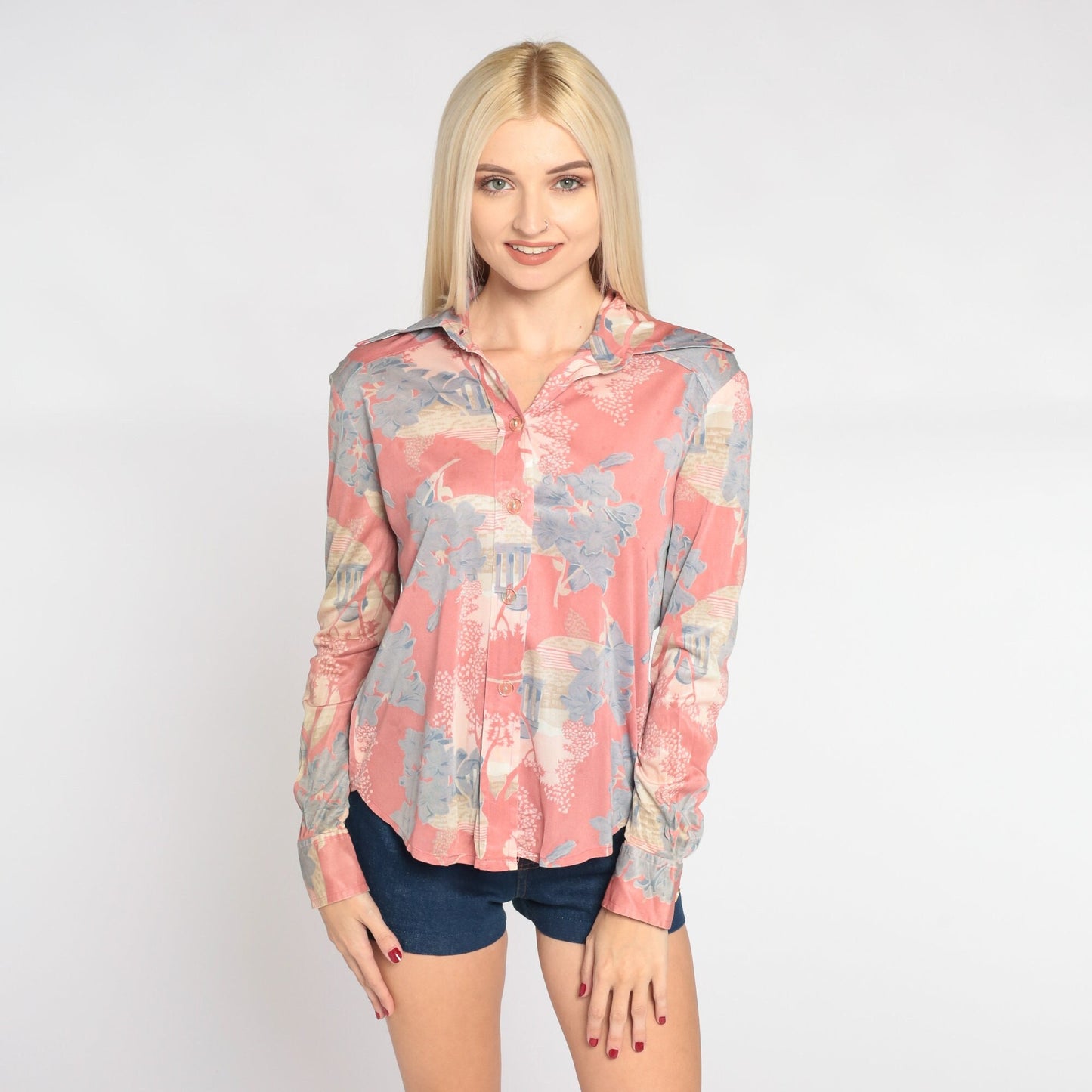 70s Pink Floral Nylon Blouse Dagger Collar Architecture Print Button Up Small