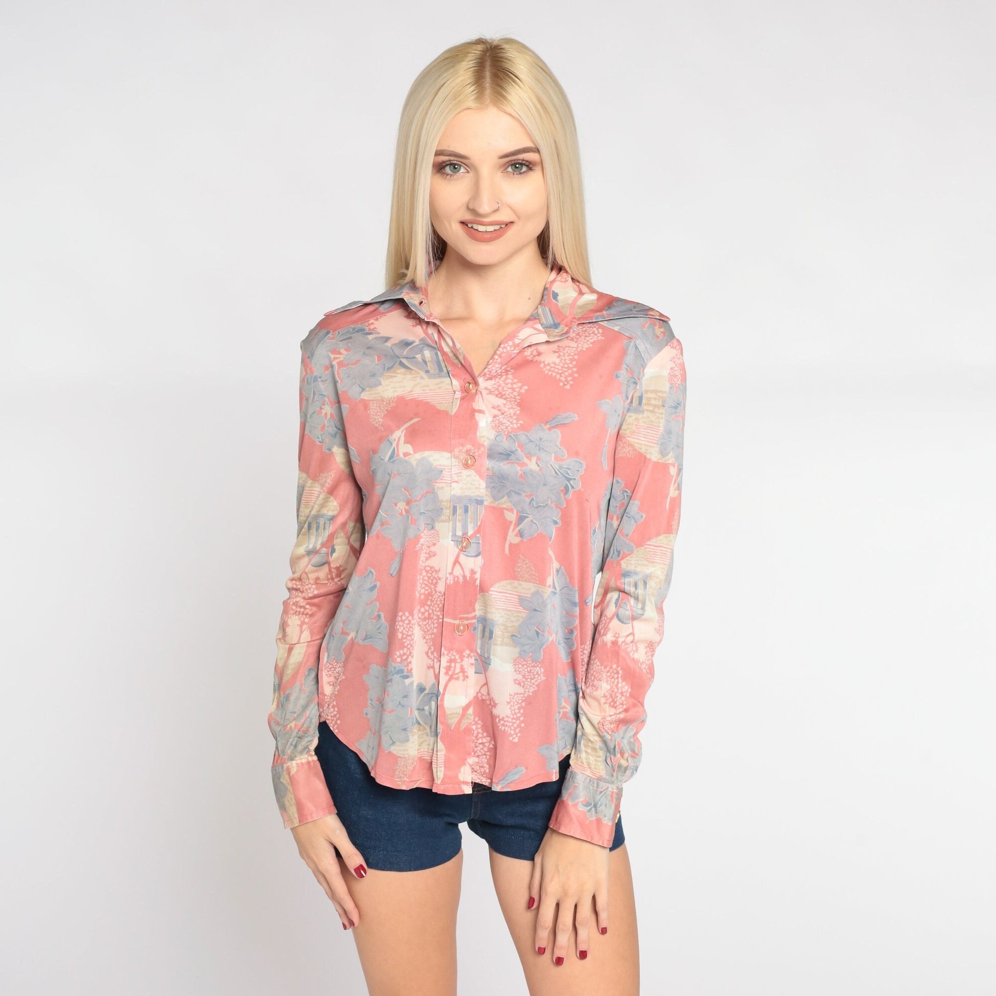 70s Pink Floral Nylon Blouse Dagger Collar Architecture Print Button Up Small