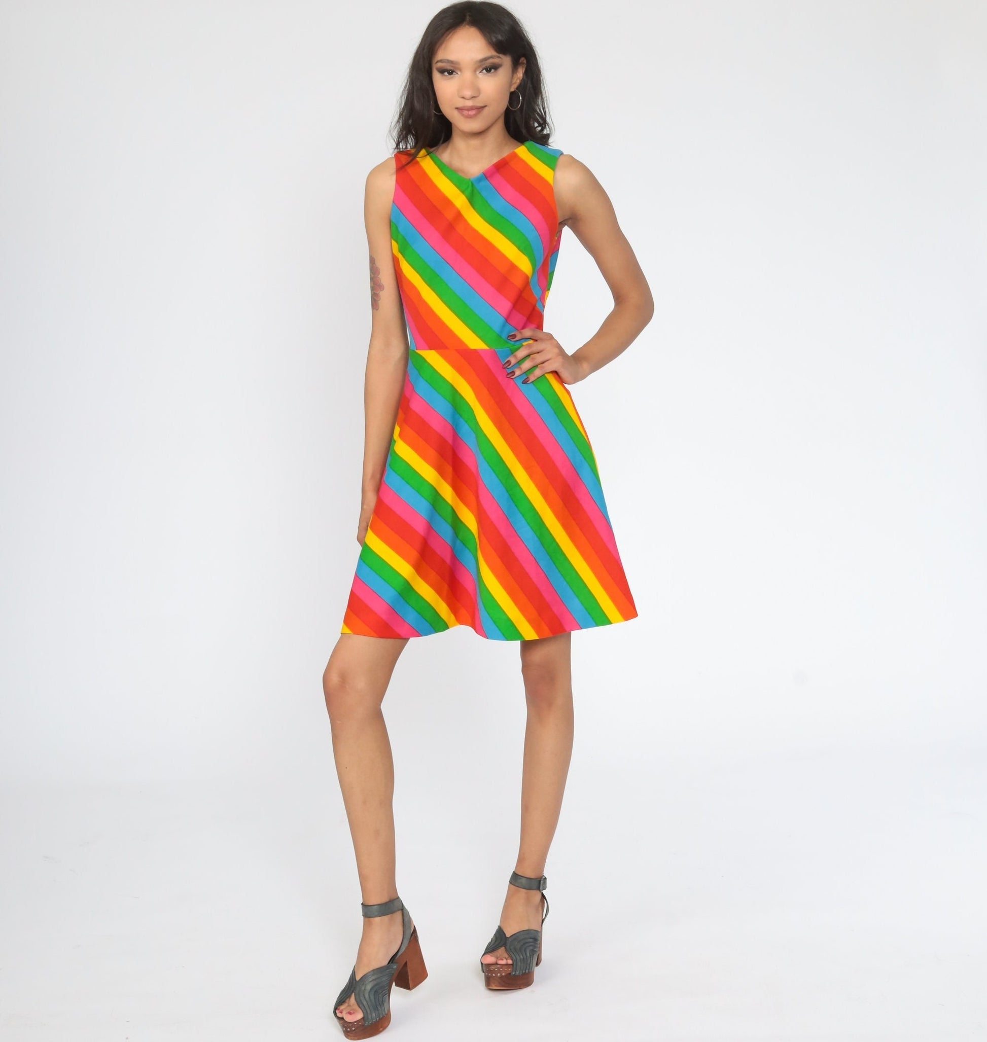 70s Gay Gibson Rainbow Striped Mini Dress Sleeveless High Waist Extra Small
