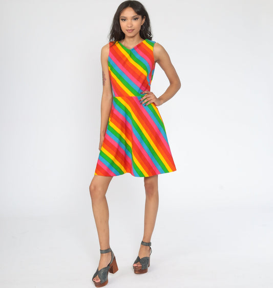 70s Gay Gibson Rainbow Striped Mini Dress Sleeveless High Waist Extra Small