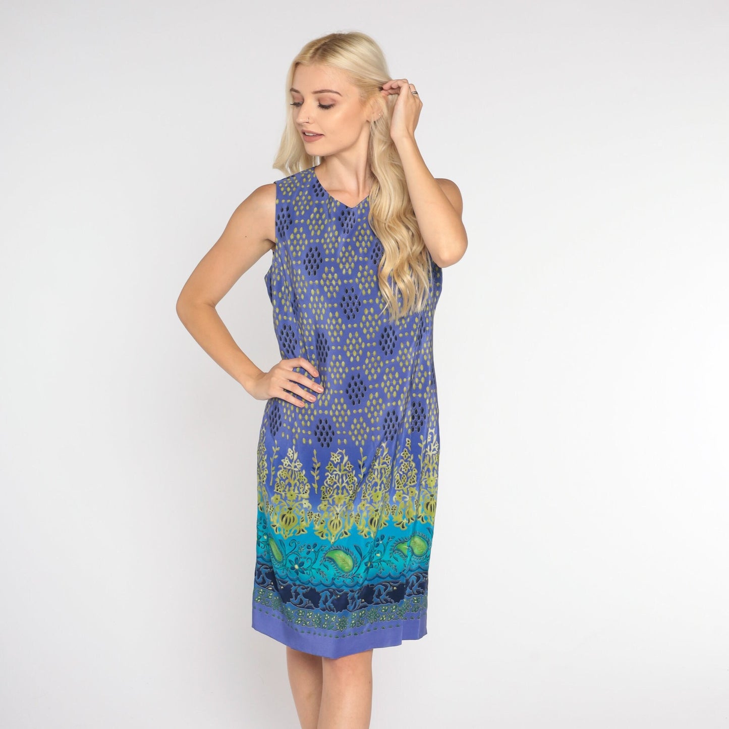 00s Purple Silk Mini Dress Paisley Floral Print Sheath Sleeveless Medium