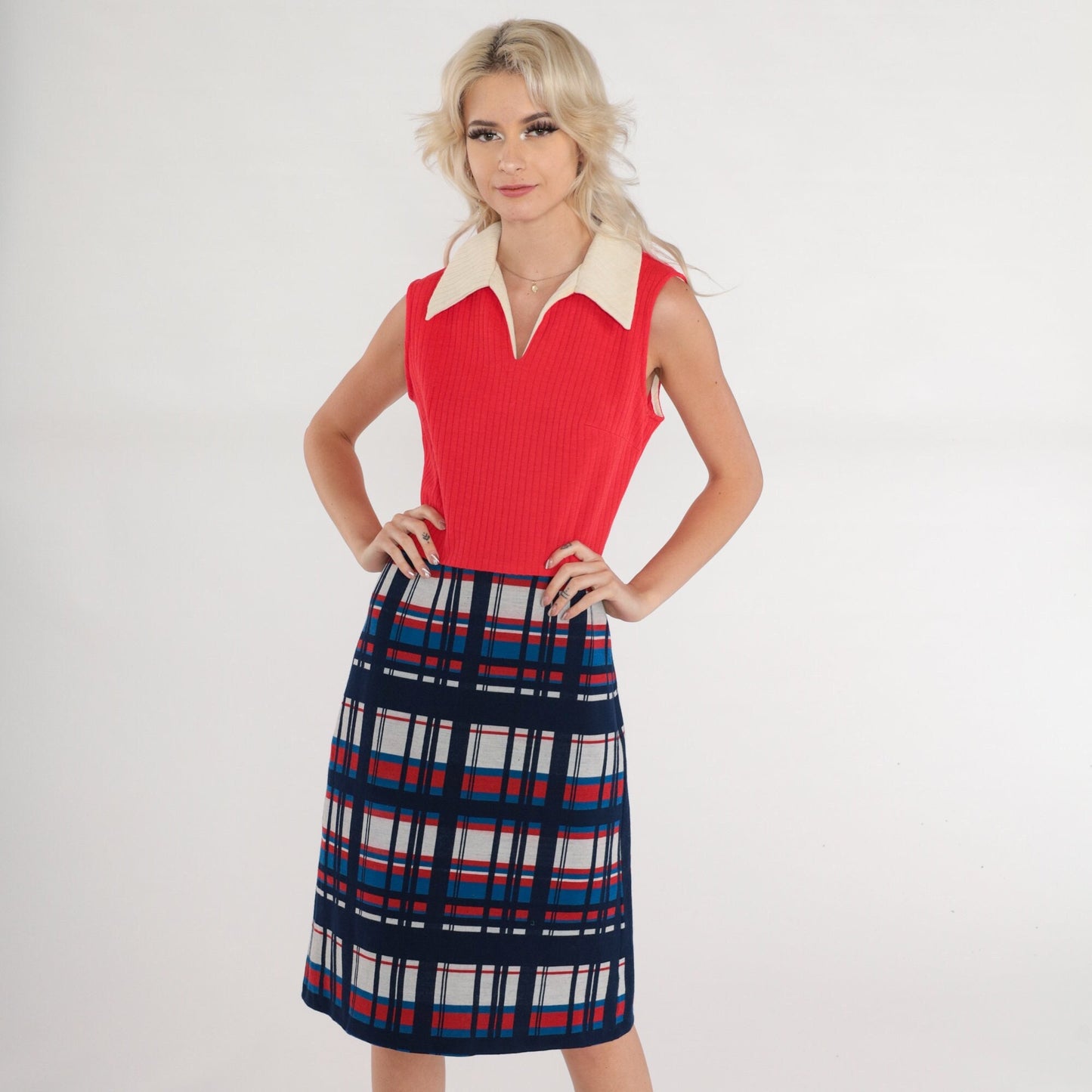 60s Bleeker Street Red Plaid Wool Shift Dress Collared Sleeveless Small