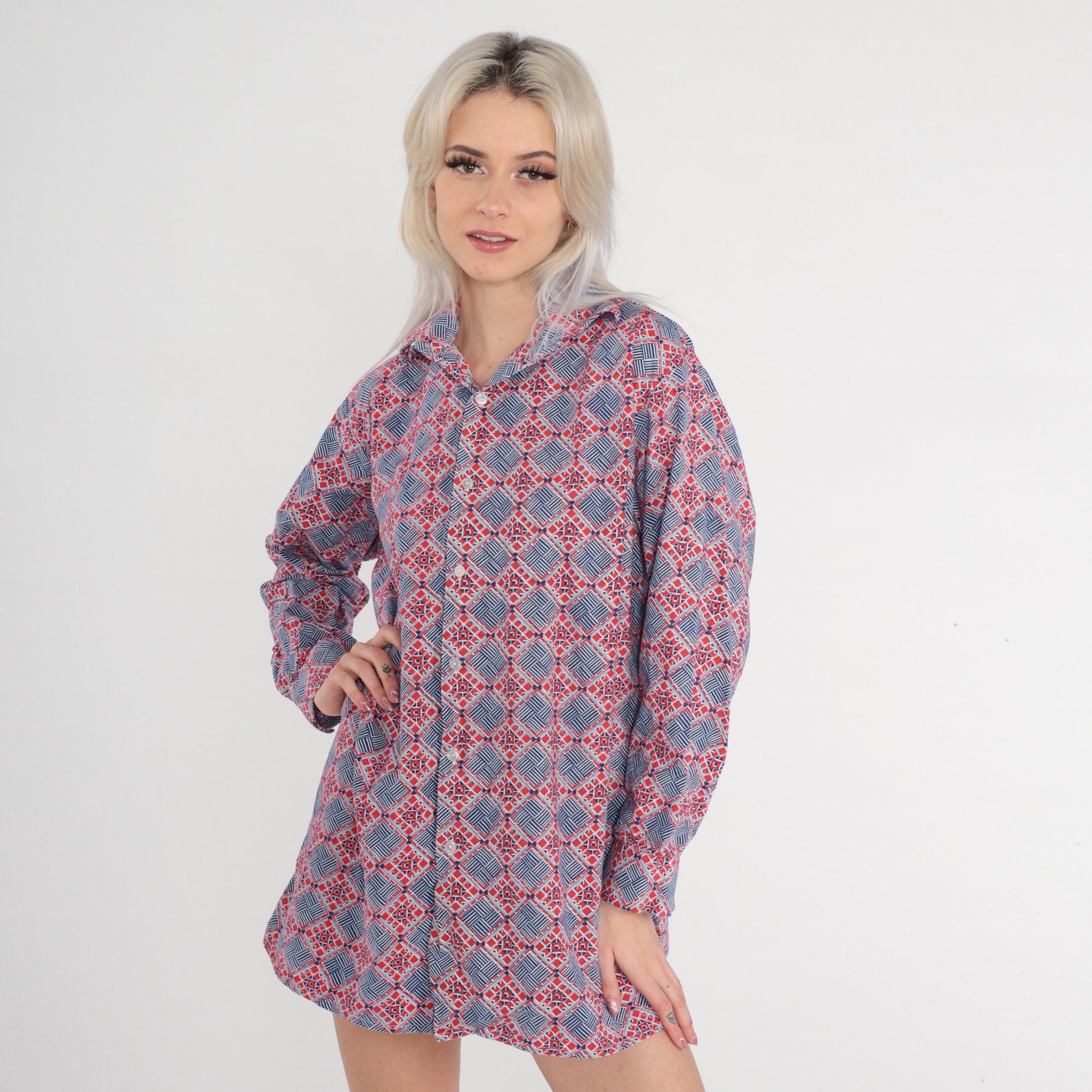 70s Lotus Button Up Shirt Red Blue Geometric Tile Print Long Sleeve Extra Large