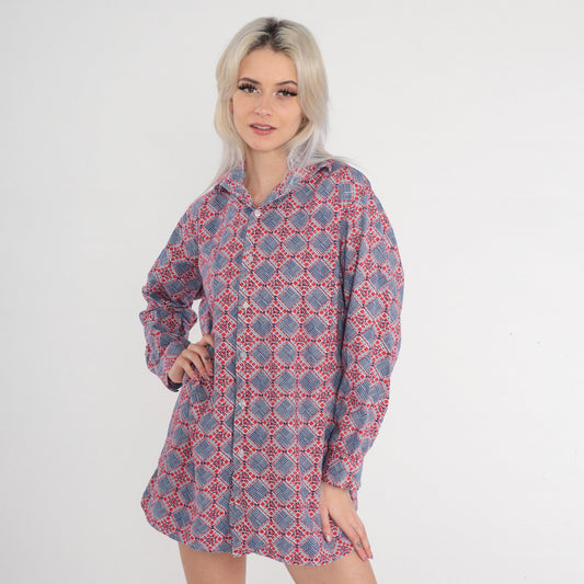 70s Lotus Button Up Shirt Red Blue Geometric Tile Print Long Sleeve Extra Large