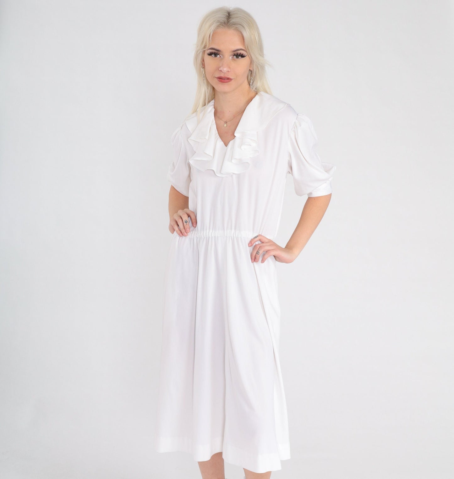 70s White Ruffle Midi Dress Puff Sleeve High Waist V Neck Medium Large